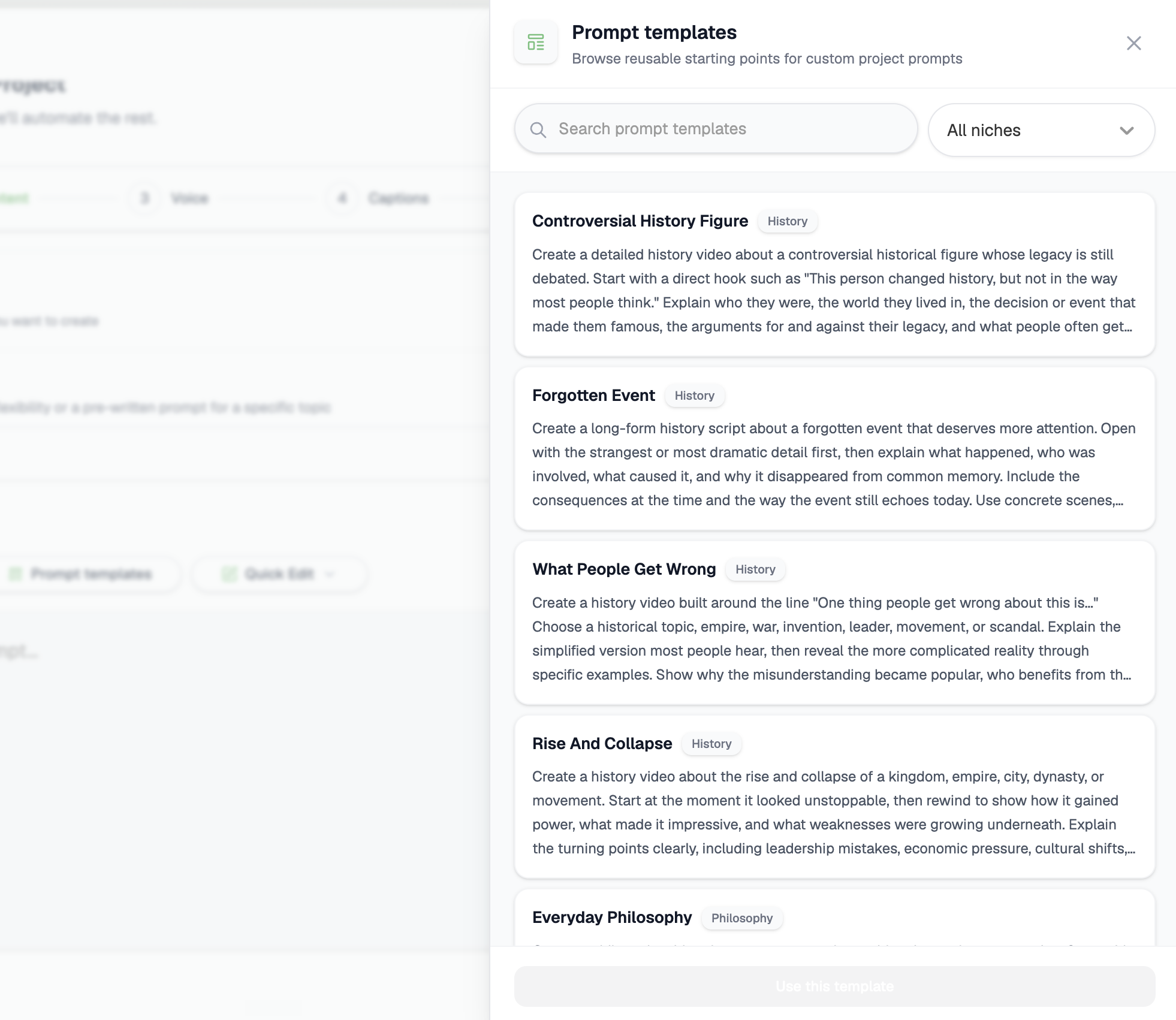 Videnly Prompt Templates library with searchable long-form video niches