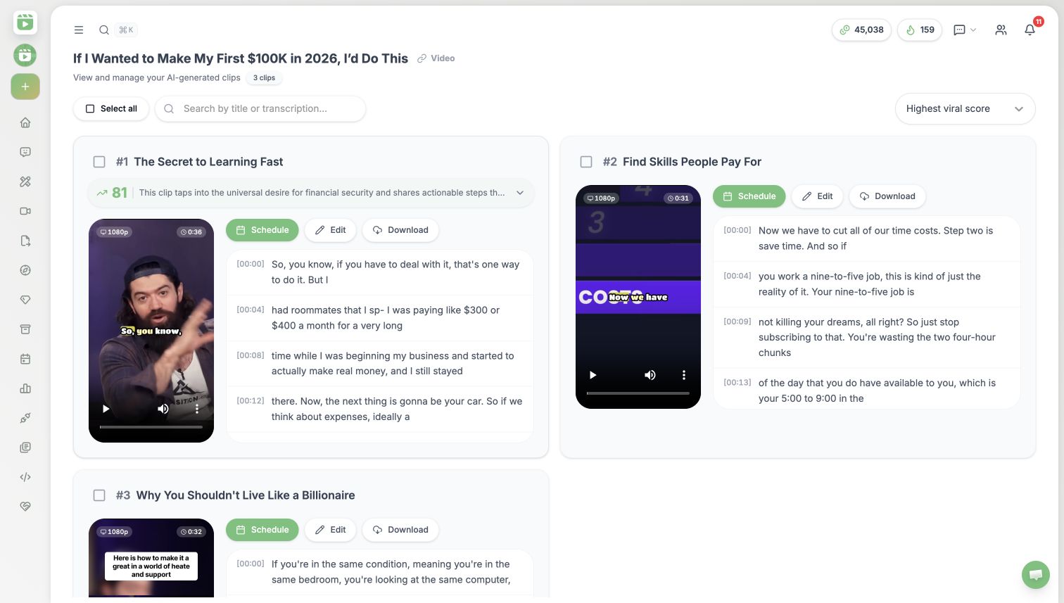 Videnly Smart Auto Clip project showing generated clips, transcripts, viral scores, and clip actions